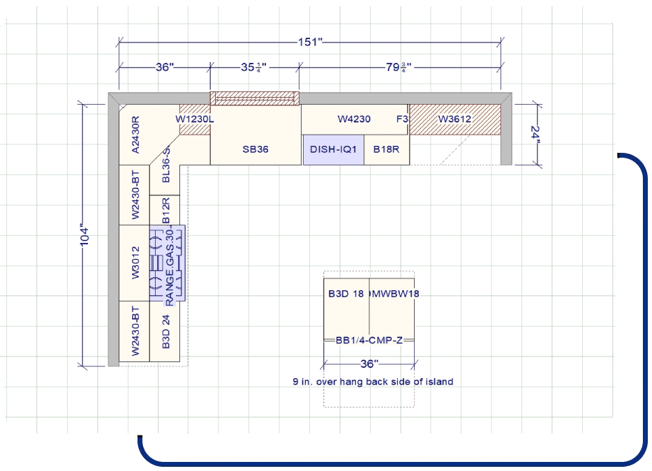 A kitchen with measurements on the floor and walls.