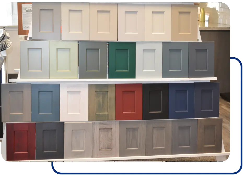 A shelf with many different colored doors