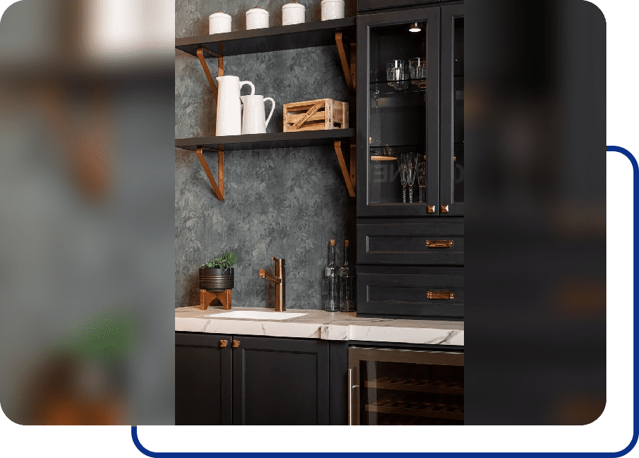 Modern kitchen with shelves and dark cabinets.