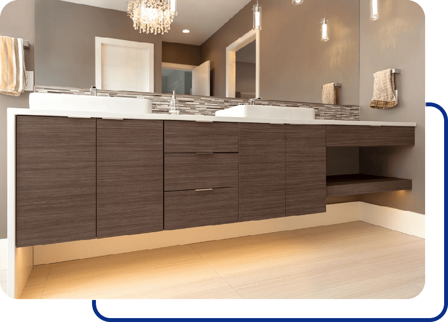 Modern bathroom with floating vanity and mirrors.